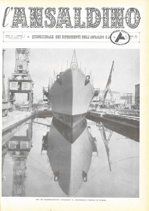 p. 1 (copertina), cacciatorpediniere venezuelano in allestimento al Cantiere di Livorno, 1956
